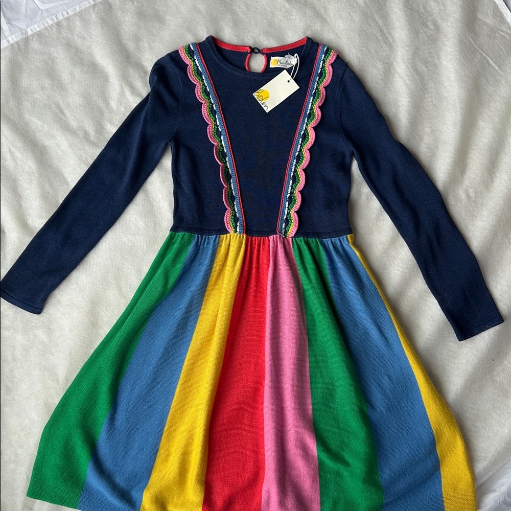 Mini Boden soft Knit dress w\flowy rainbow skirt.Navy top w\colorful detail.NWT